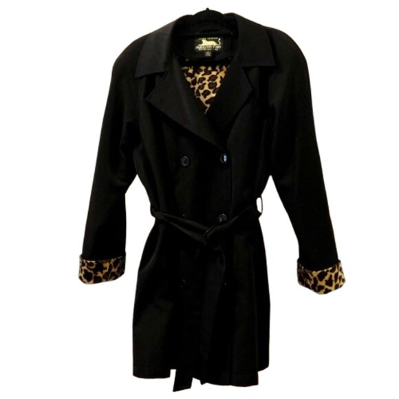 DONNA SALYERS FABULOUS FURS~Black Double Breasted Trench Coat Leopard Faux Fur - Picture 1 of 5